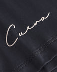 Cuera Oncourt Slit Top SS in Black, logo print detail