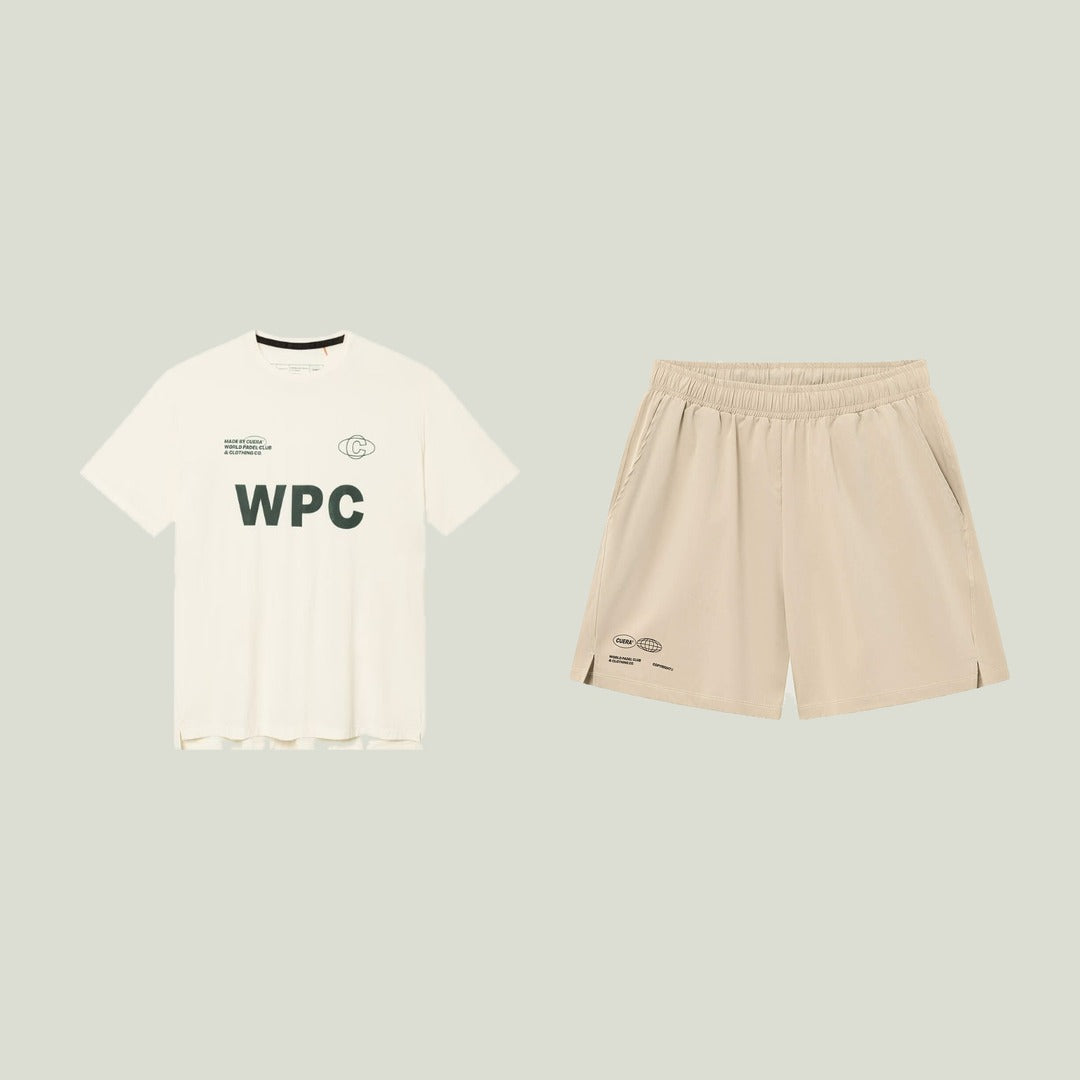 CUERA bundle with the Active WPC Light Weight t-shirt in off-white and army and Globe padel shorts in sand
