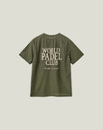 Model wearing Cuera Oncourt Breathe WPC T-Shirt in Army, lifestyle action shot on the padel court