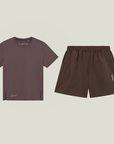Cuera Slit Top SS & Active Globe Shorts in Dark Brown bundle, flat lay front view